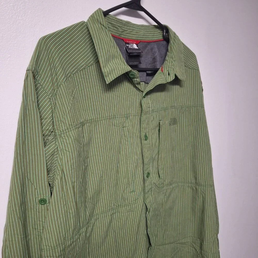 The North‎ Face Button Down Shirt Green Stripes Long Sleeve Mens XL Breathable